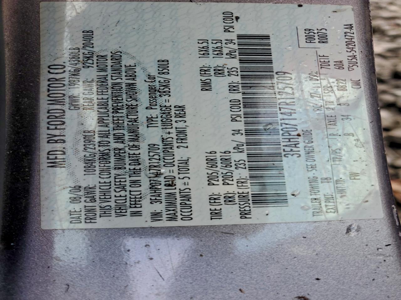 2007 Ford Fusion Se VIN: 3FAHP07147R125709 Lot: 94427635