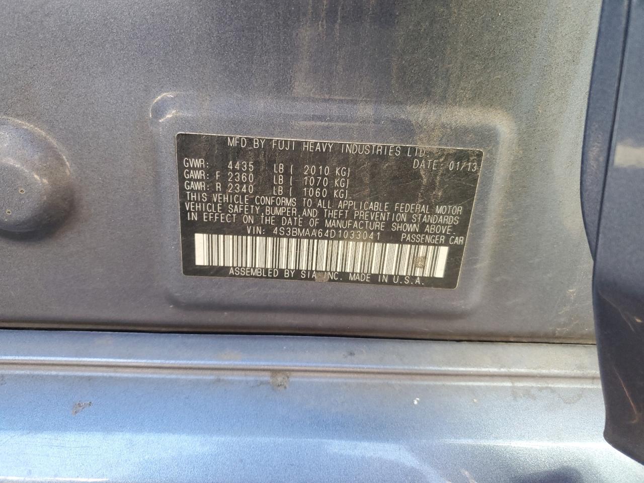 2013 Subaru Legacy 2.5I VIN: 4S3BMAA64D1033041 Lot: 93151945