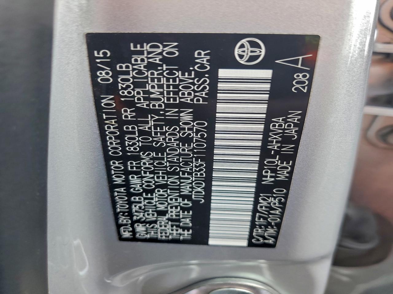 2015 Toyota Prius C VIN: JTDKDTB33F1107570 Lot: 93342455