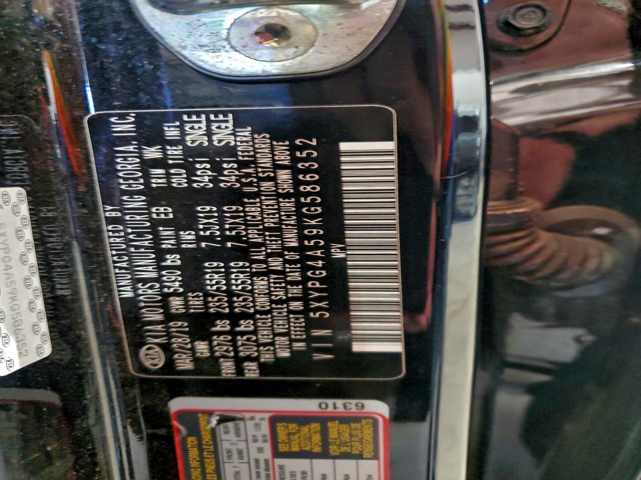 2019 Kia Sorento Lx VIN: 5XYPG4A59KG586352 Lot: 93672855