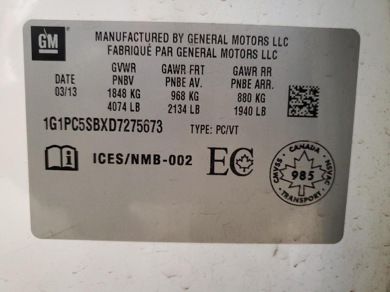 2013 Chevrolet Cruze Lt VIN: 1G1PC5SBXD7275673 Lot: 92074915