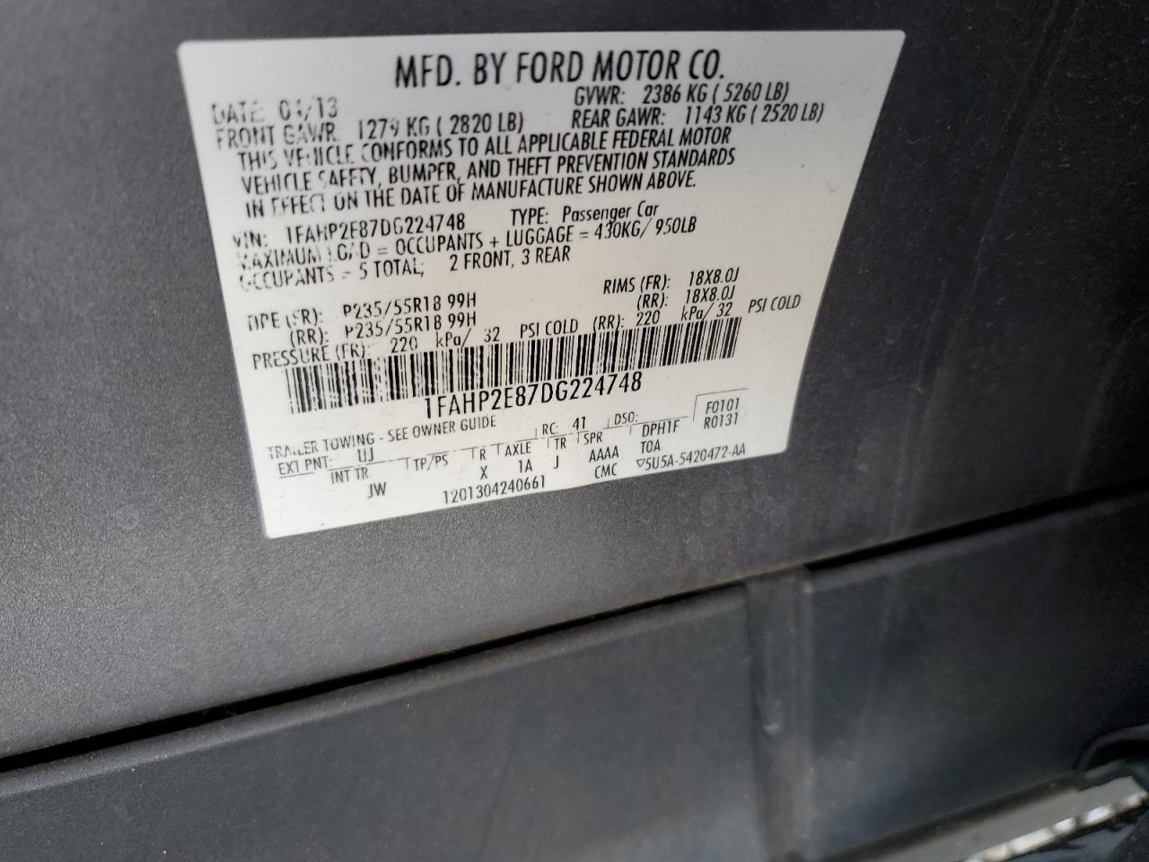 2013 Ford Taurus Sel VIN: 1FAHP2E87DG224748 Lot: 93712425