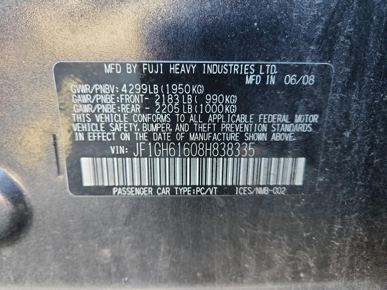 2008 Subaru Impreza 2.5I VIN: JF1GH61608H838335 Lot: 90611965