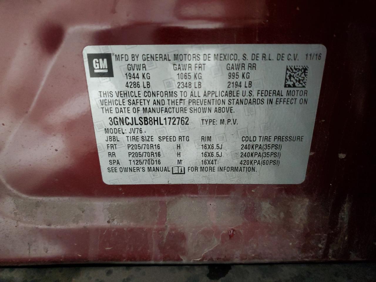 2017 Chevrolet Trax 1Lt VIN: 3GNCJLSB8HL172762 Lot: 92249185