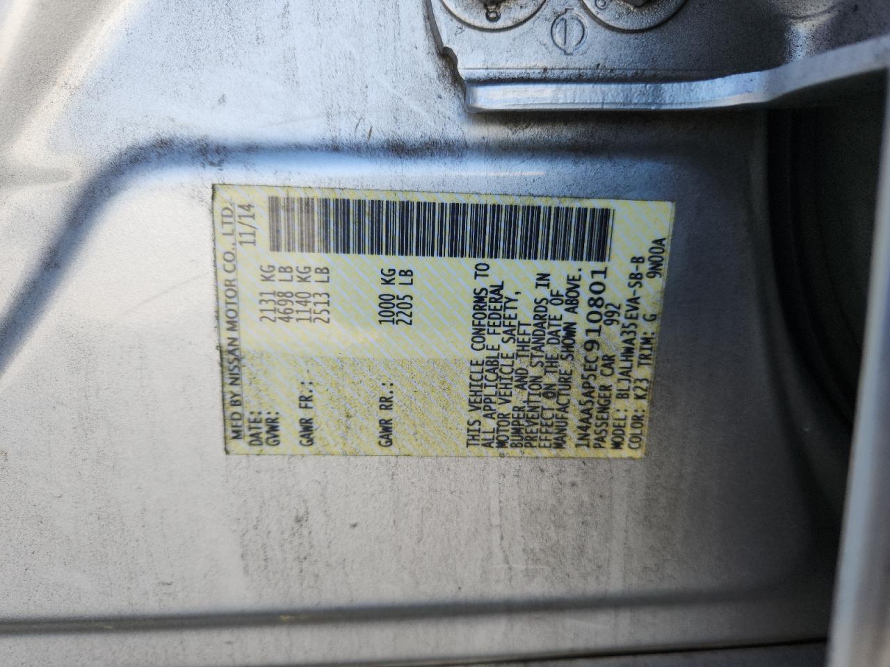 2014 Nissan Maxima S VIN: 1N4AA5AP5EC910801 Lot: 92174665