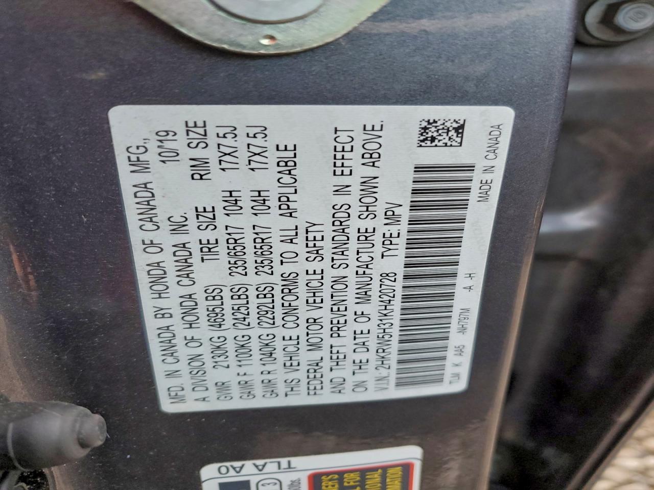 2019 Honda Cr-V Lx VIN: 2HKRW5H31KH420728 Lot: 93975375