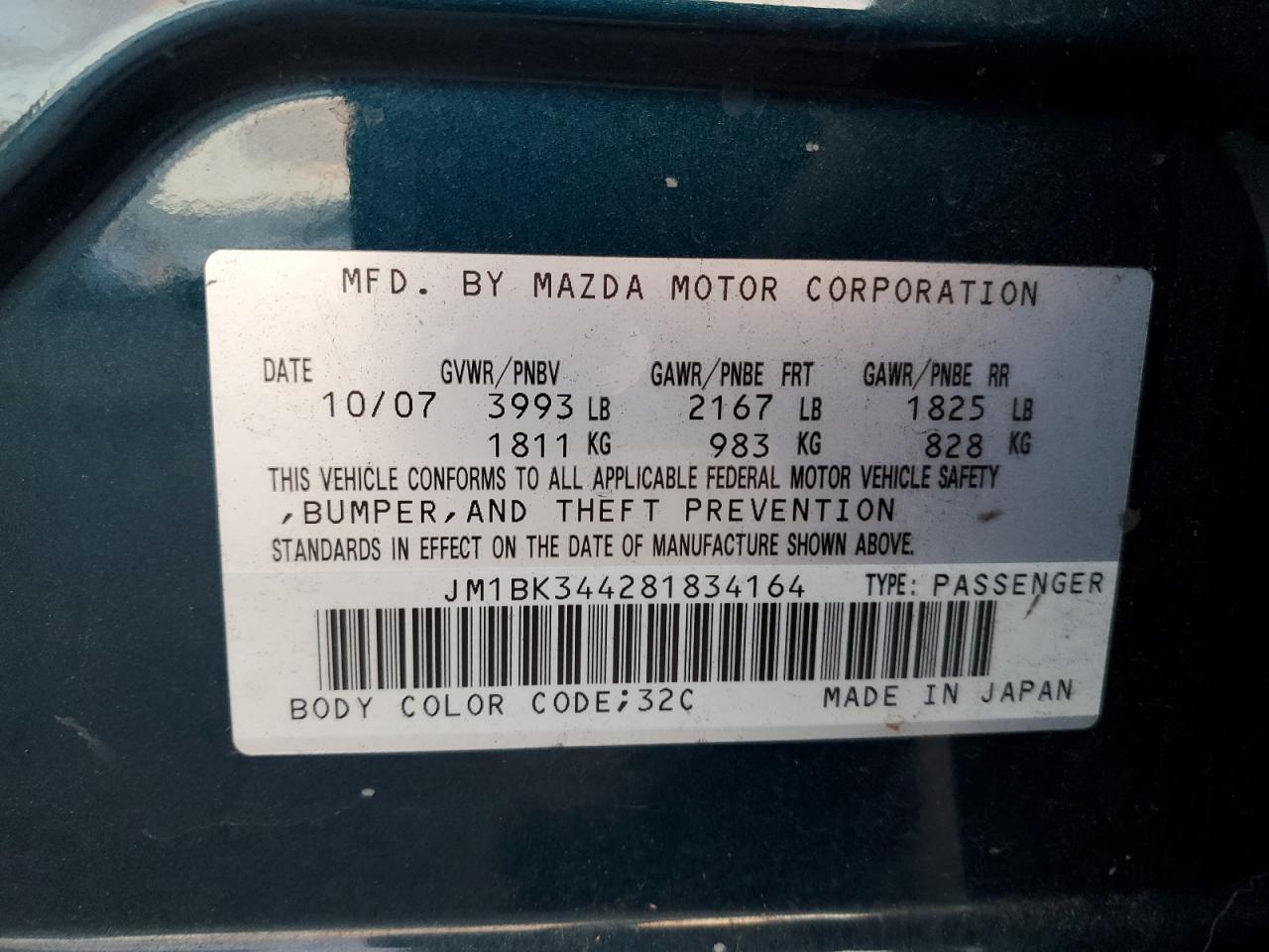 2008 Mazda 3 Hatchback VIN: JM1BK344281834164 Lot: 93073795