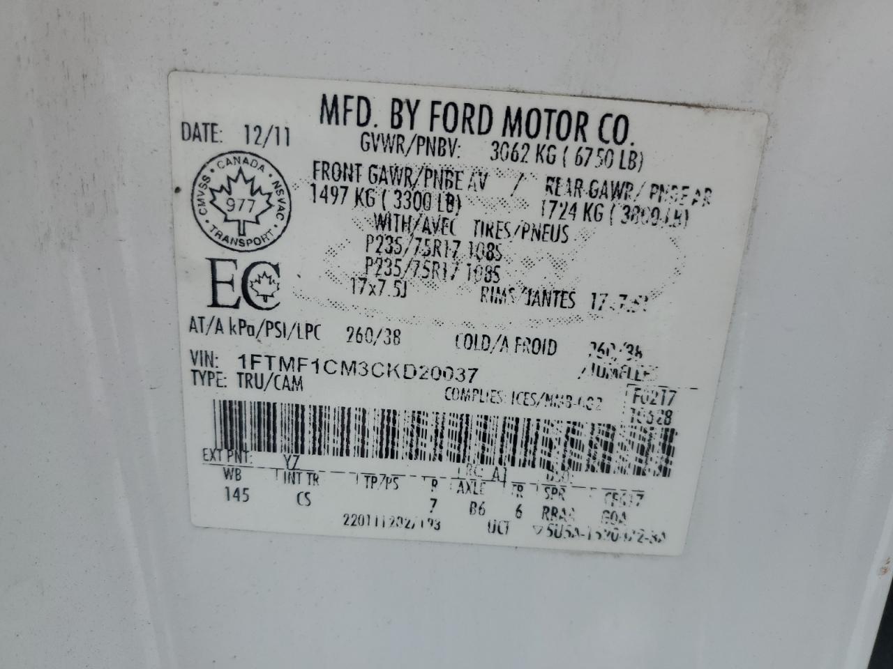 2012 Ford F150 VIN: 1FTMF1CM3CKD20037 Lot: 92990275