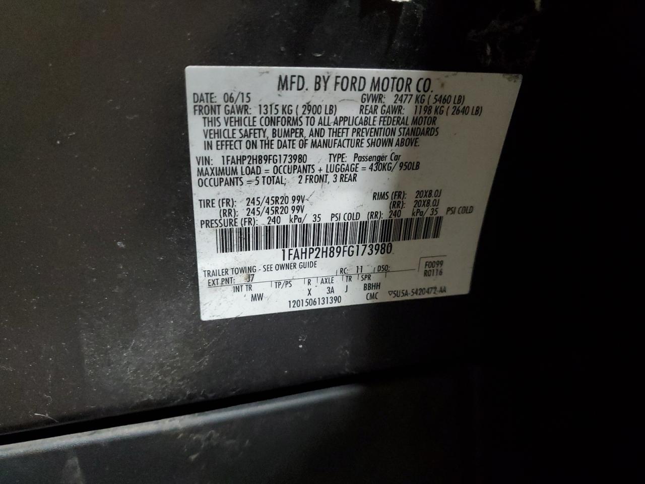 2015 Ford Taurus Sel VIN: 1FAHP2H89FG173980 Lot: 91716905