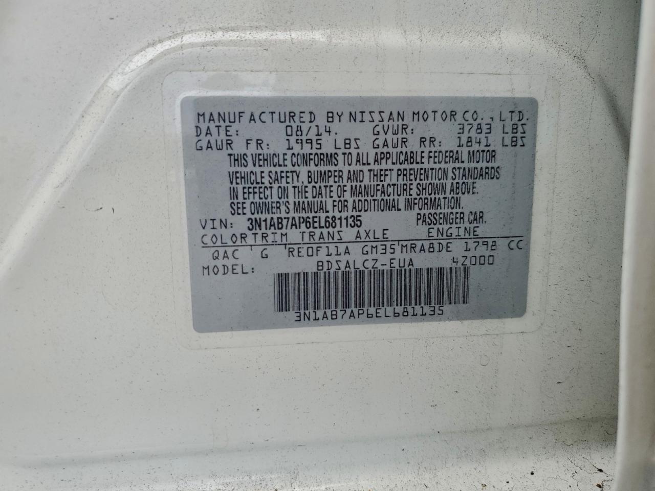 2014 Nissan Sentra S VIN: 3N1AB7AP6EL681135 Lot: 94560475