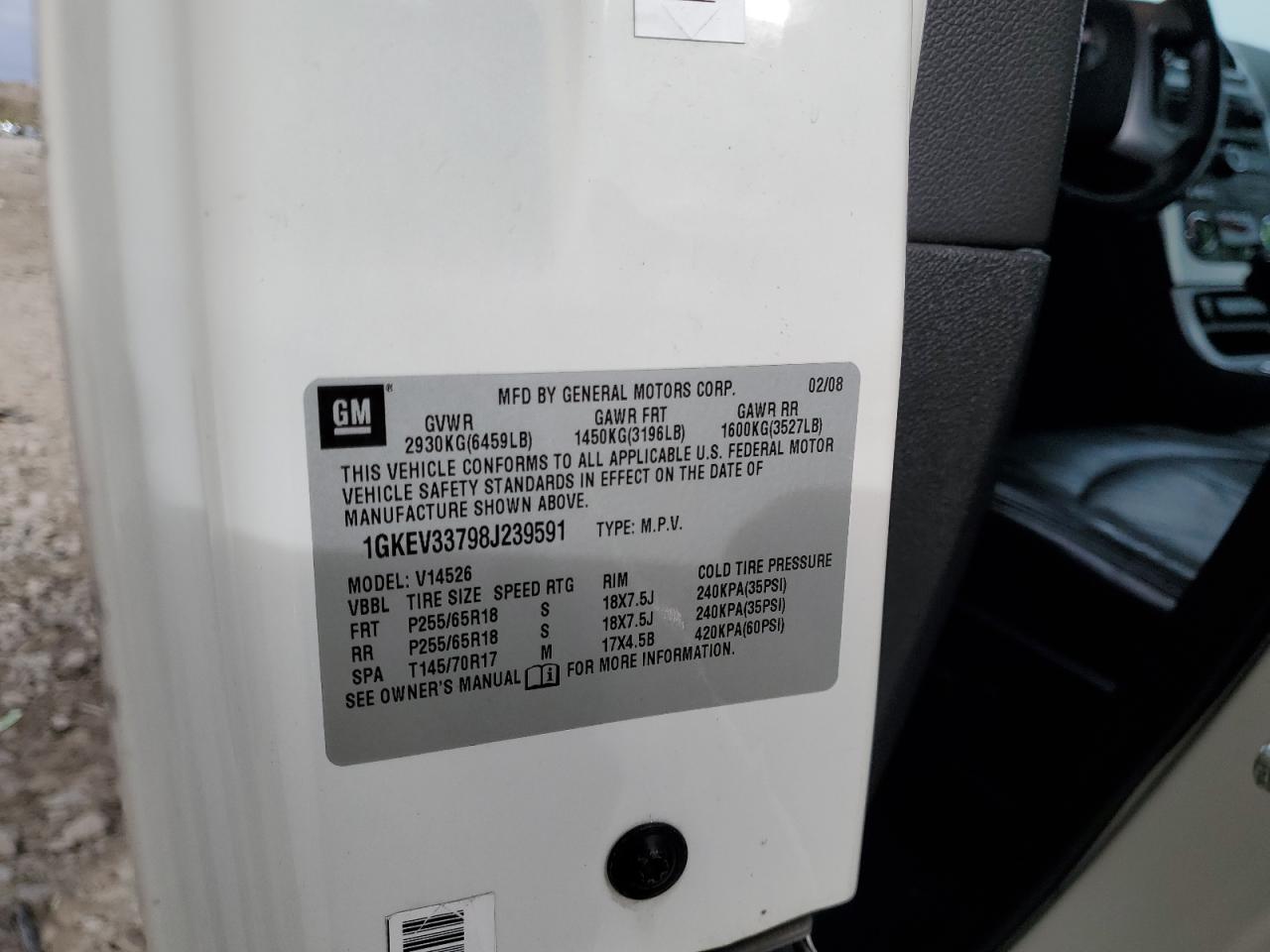 2008 GMC Acadia Slt-2 VIN: 1GKEV33798J239591 Lot: 93628195