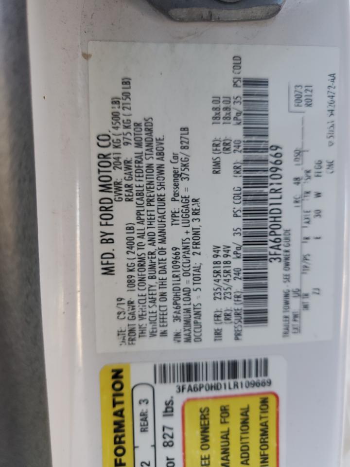 2020 Ford Fusion Se VIN: 3FA6P0HD1LR109669 Lot: 92983445