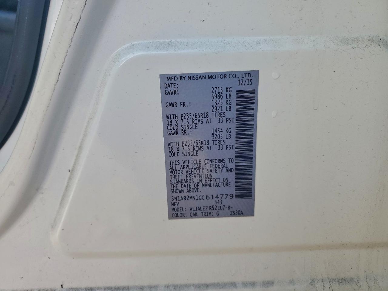 2016 Nissan Pathfinder S VIN: 5N1AR2MN1GC614779 Lot: 93687215