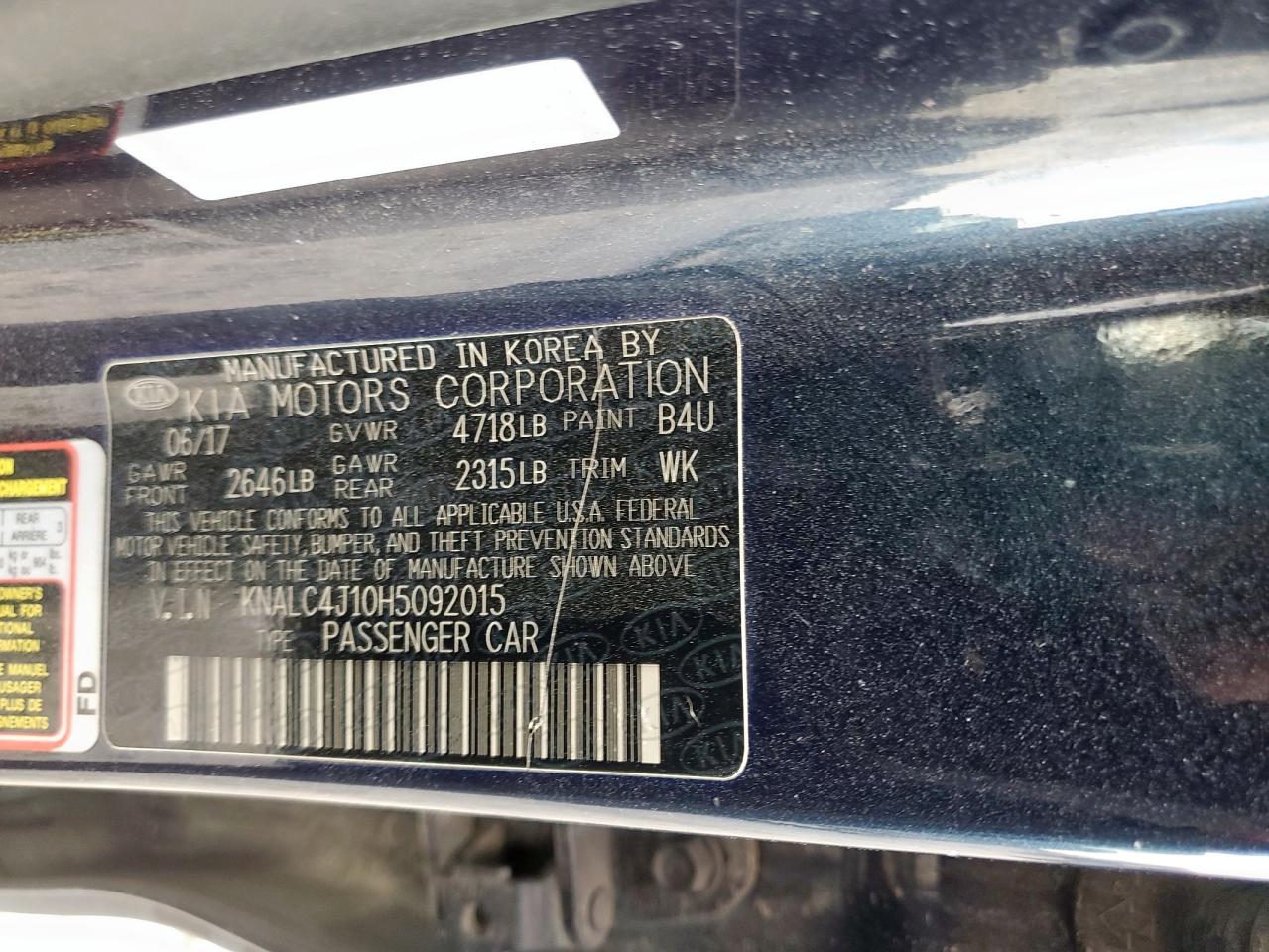 2017 Kia Cadenza Premium VIN: KNALC4J10H5092015 Lot: 92004095