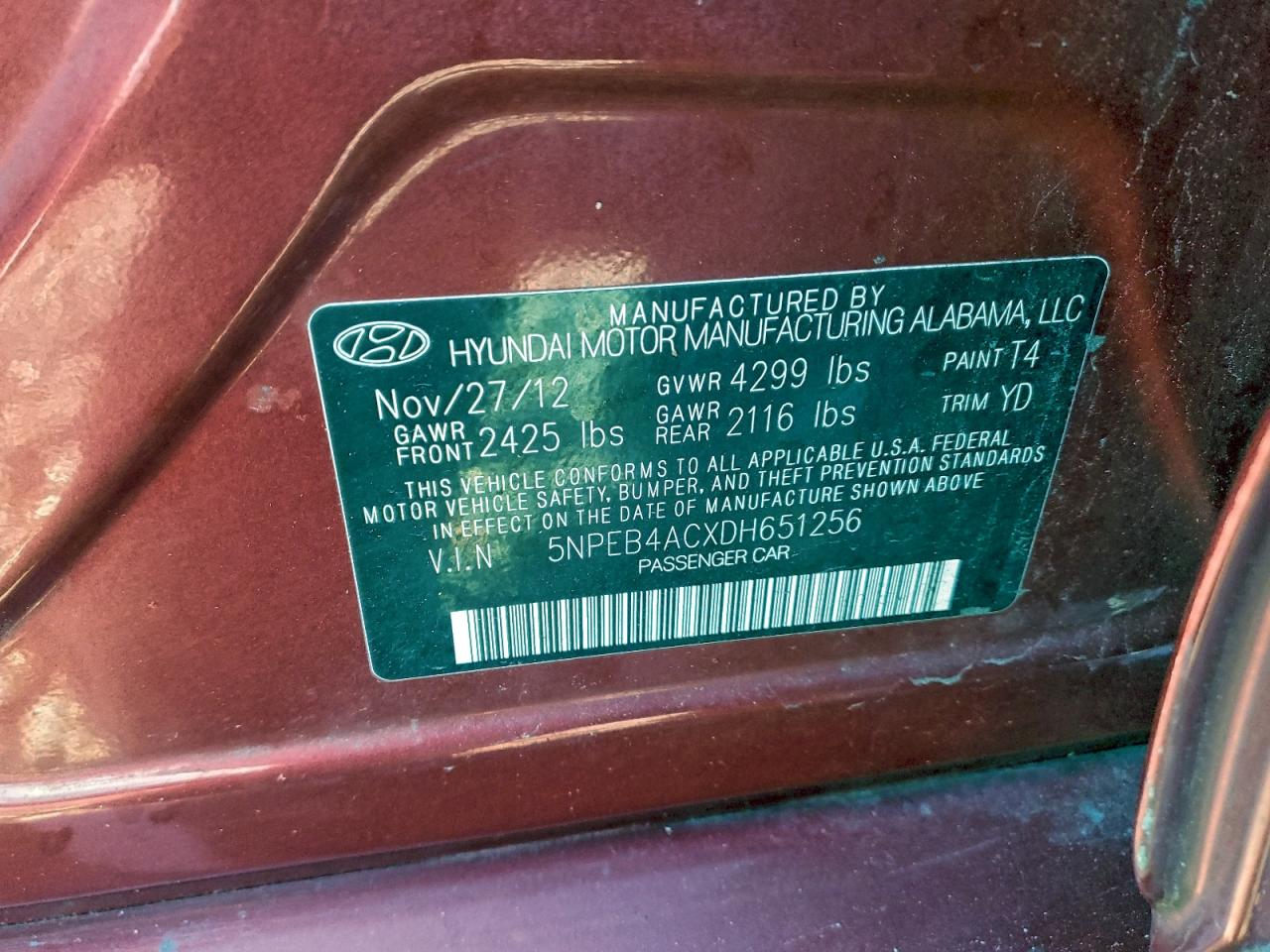 2013 Hyundai Sonata Gls VIN: 5NPEB4ACXDH651256 Lot: 93874885