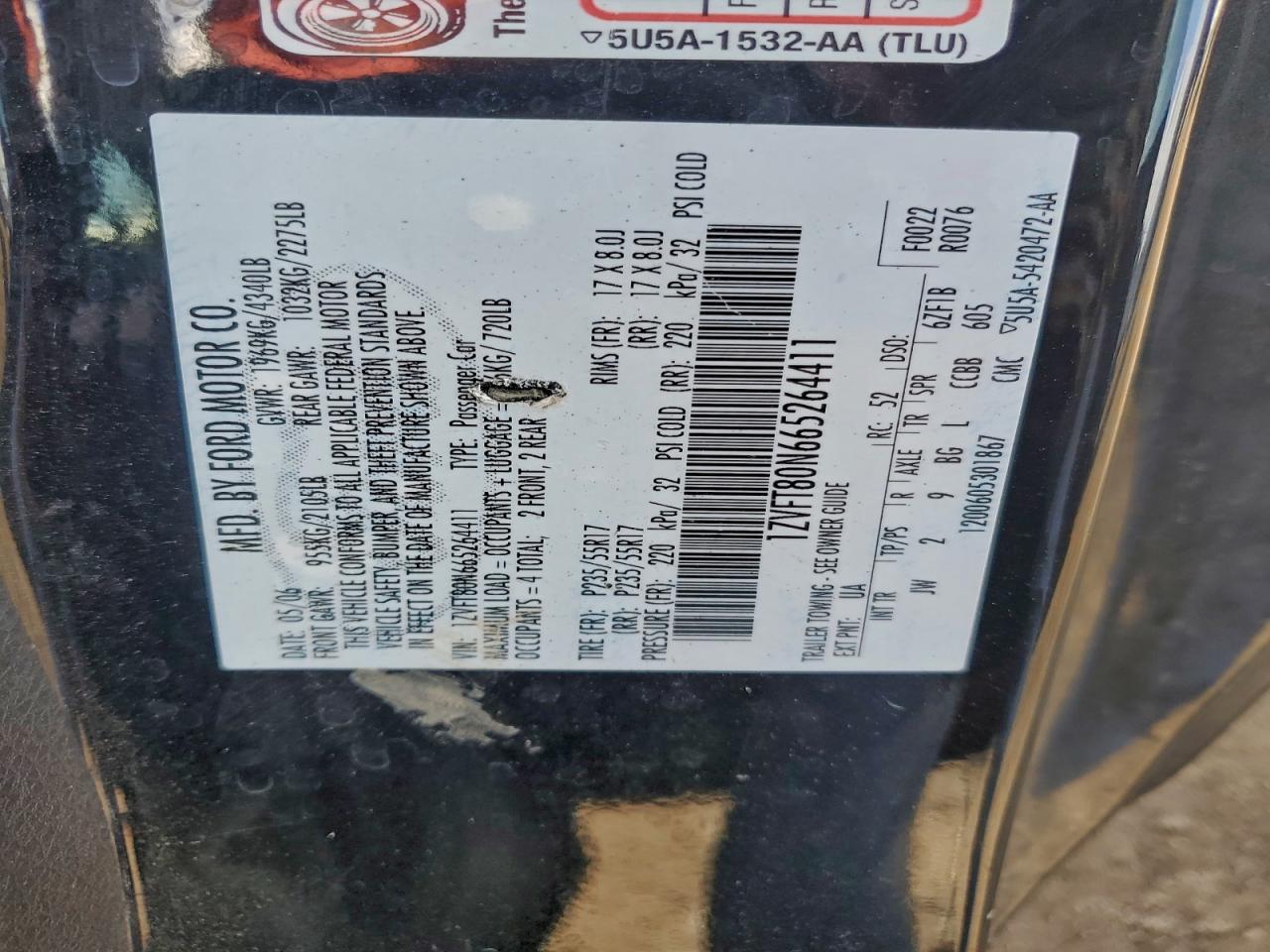 2006 Ford Mustang VIN: 1ZVFT80N665264411 Lot: 93908905