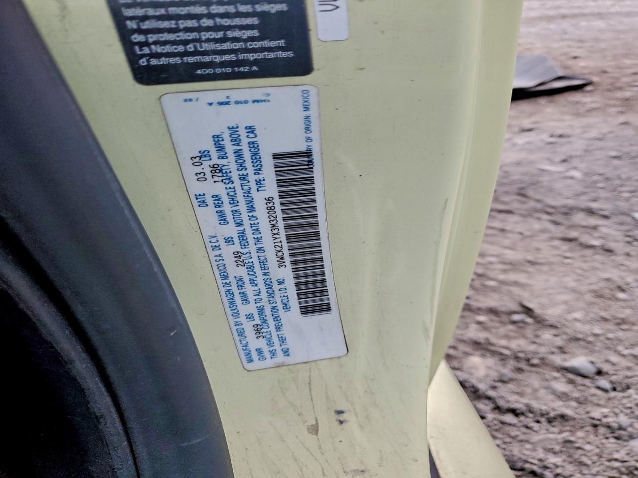 2003 Volkswagen New Beetle Gls VIN: 3VWCK21YX3M320836 Lot: 92400285