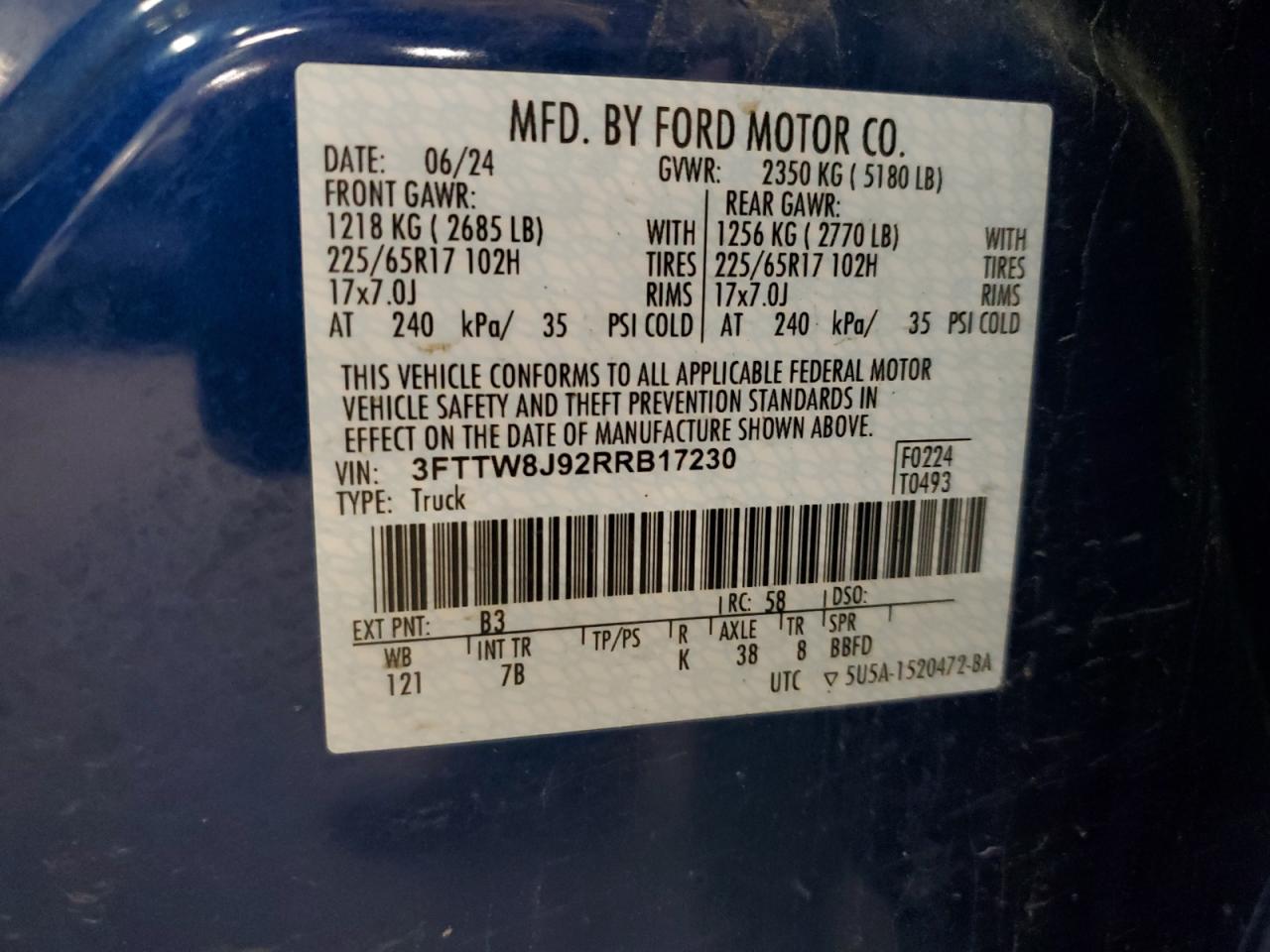 2024 Ford Maverick Xlt VIN: 3FTTW8J92RRB17230 Lot: 91708875