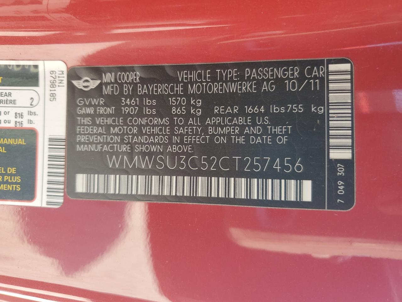 2012 Mini Cooper VIN: WMWSU3C52CT257456 Lot: 91371125