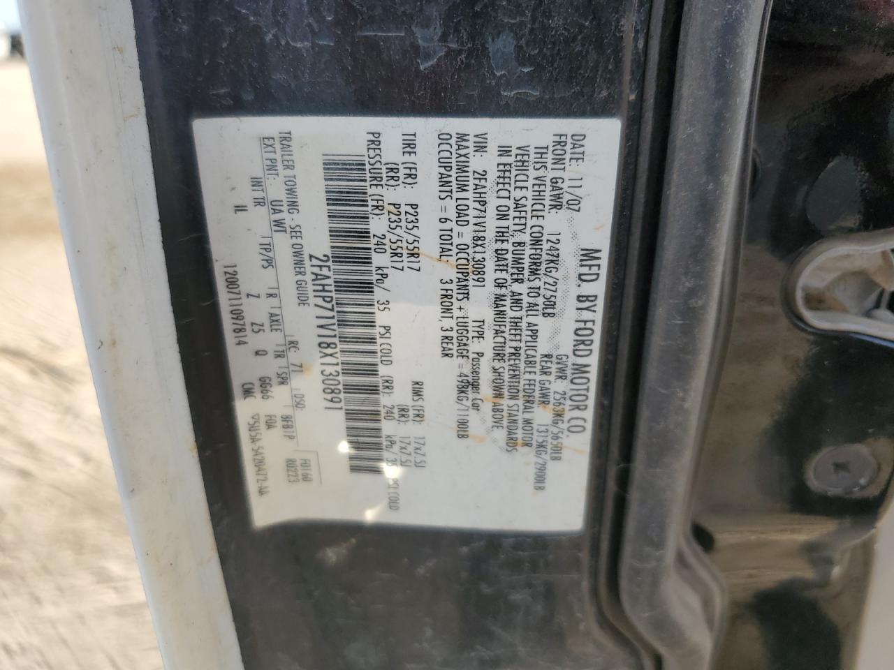 2008 Ford Crown Victoria Police Interceptor VIN: 2FAHP71V18X130891 Lot: 91605205