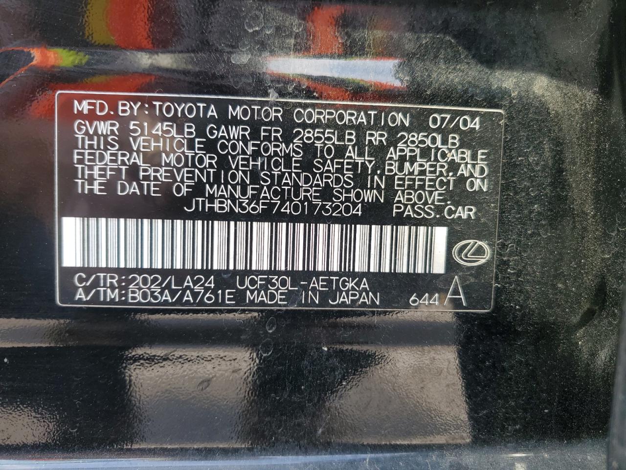 2004 Lexus Ls 430 VIN: JTHBN36F740173204 Lot: 90584285