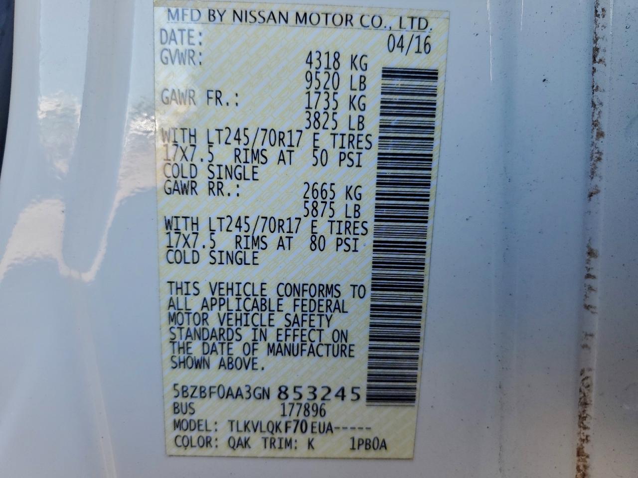 2016 Nissan Nv 3500 S VIN: 5BZBF0AA3GN853245 Lot: 91742325