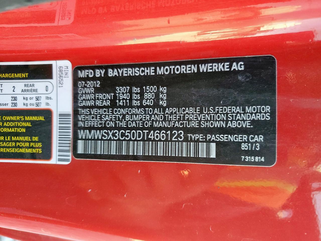 2013 Mini Cooper Coupe S VIN: WMWSX3C50DT466123 Lot: 90735395