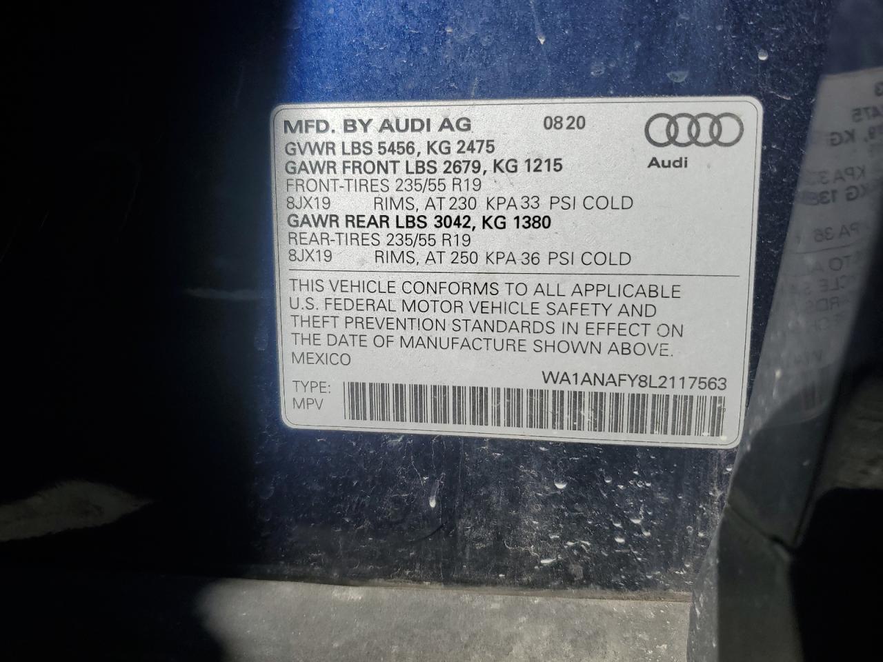 2020 Audi Q5 Premium VIN: WA1ANAFY8L2117563 Lot: 92079145