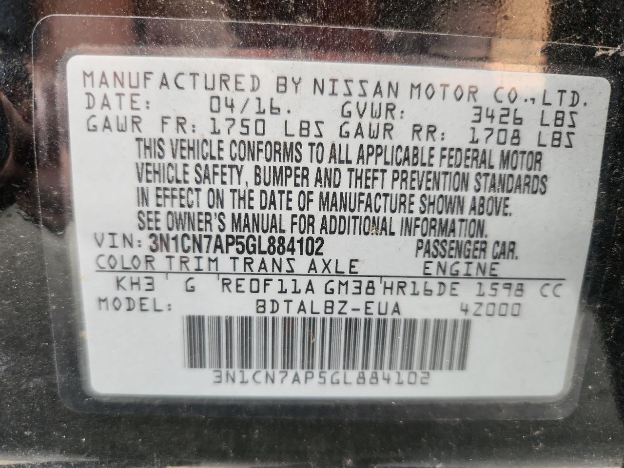 2016 Nissan Versa S VIN: 3N1CN7AP5GL884102 Lot: 93195695