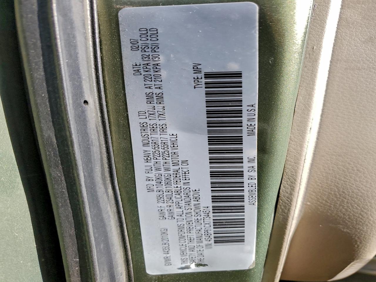 2007 Subaru Outback Outback 2.5I VIN: 4S4BP61CX77344514 Lot: 94537035