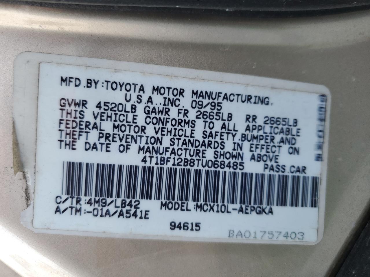 1996 Toyota Avalon Xl VIN: 4T1BF12B8TU068485 Lot: 92439445