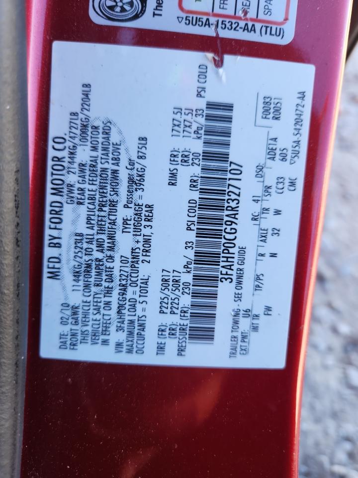 2010 Ford Fusion Sel VIN: 3FAHP0CG9AR327107 Lot: 91923275