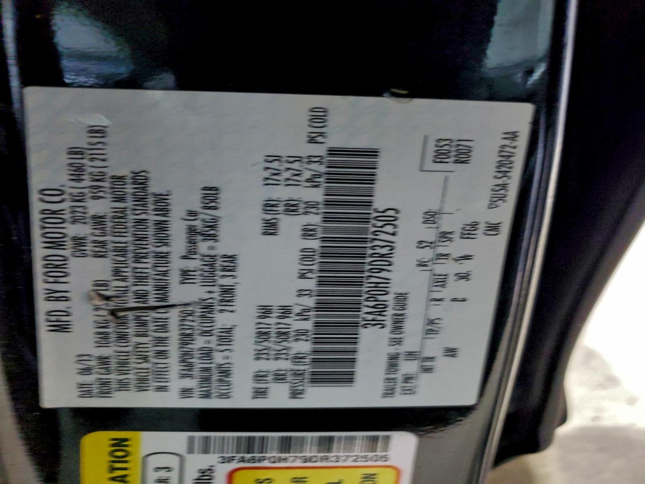 2013 Ford Fusion Se VIN: 3FA6P0H79DR372505 Lot: 93877245