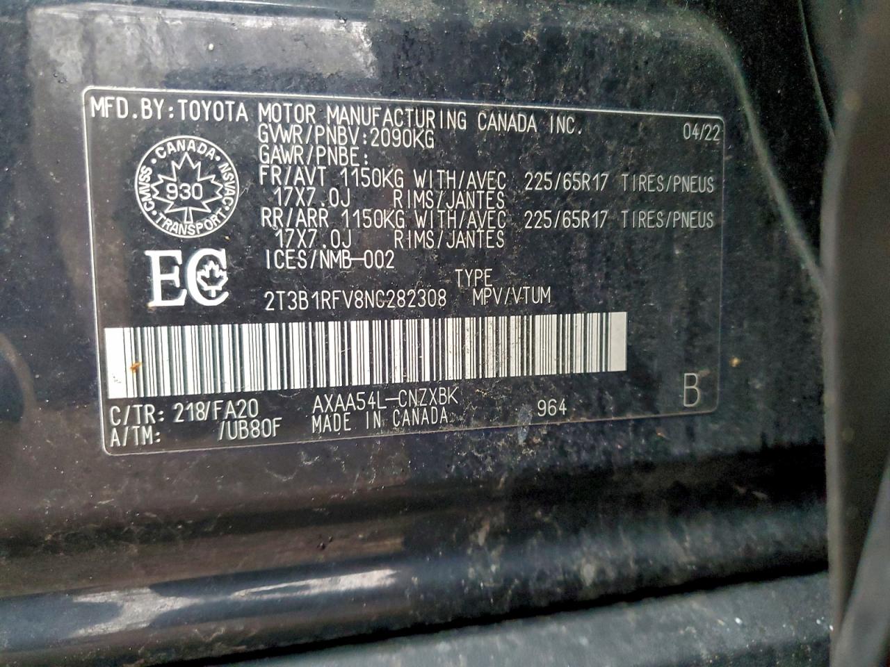 2022 Toyota Rav4 Le VIN: 2T3B1RFV8NC282308 Lot: 93955615