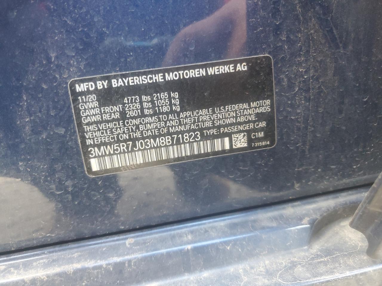 2021 BMW 330Xi VIN: 3MW5R7J03M8B71823 Lot: 91270405