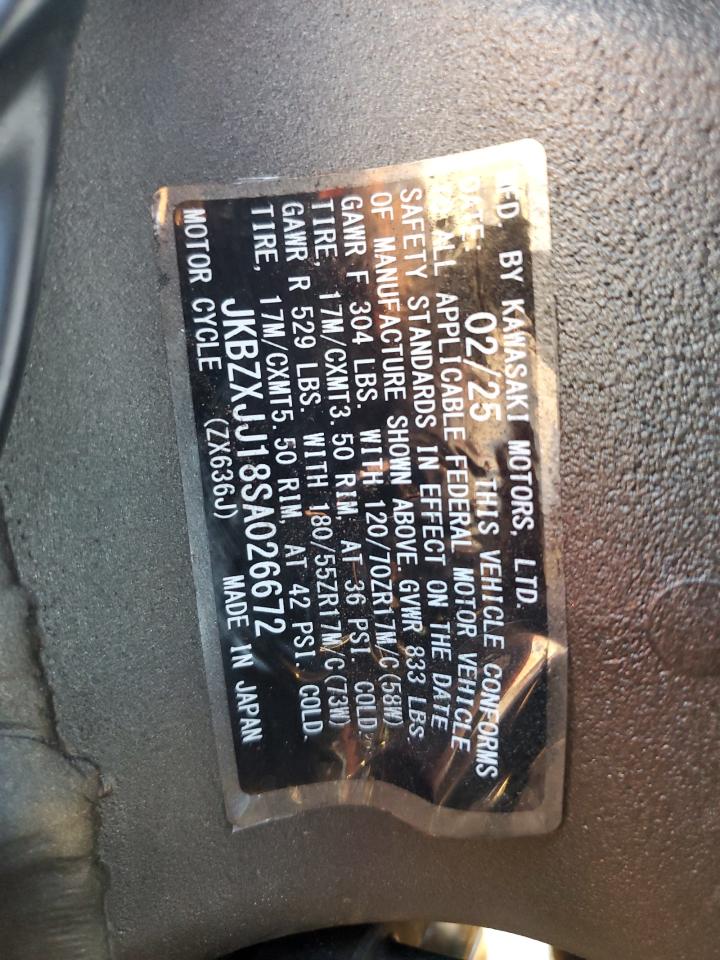 2025 Kawasaki Zx636 K VIN: JKBZXJJ18SA026672 Lot: 91442215