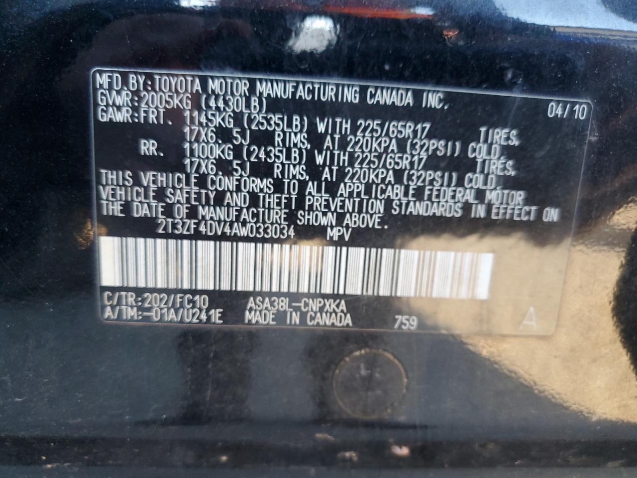 2010 Toyota Rav4 VIN: 2T3ZF4DV4AW033034 Lot: 91436625