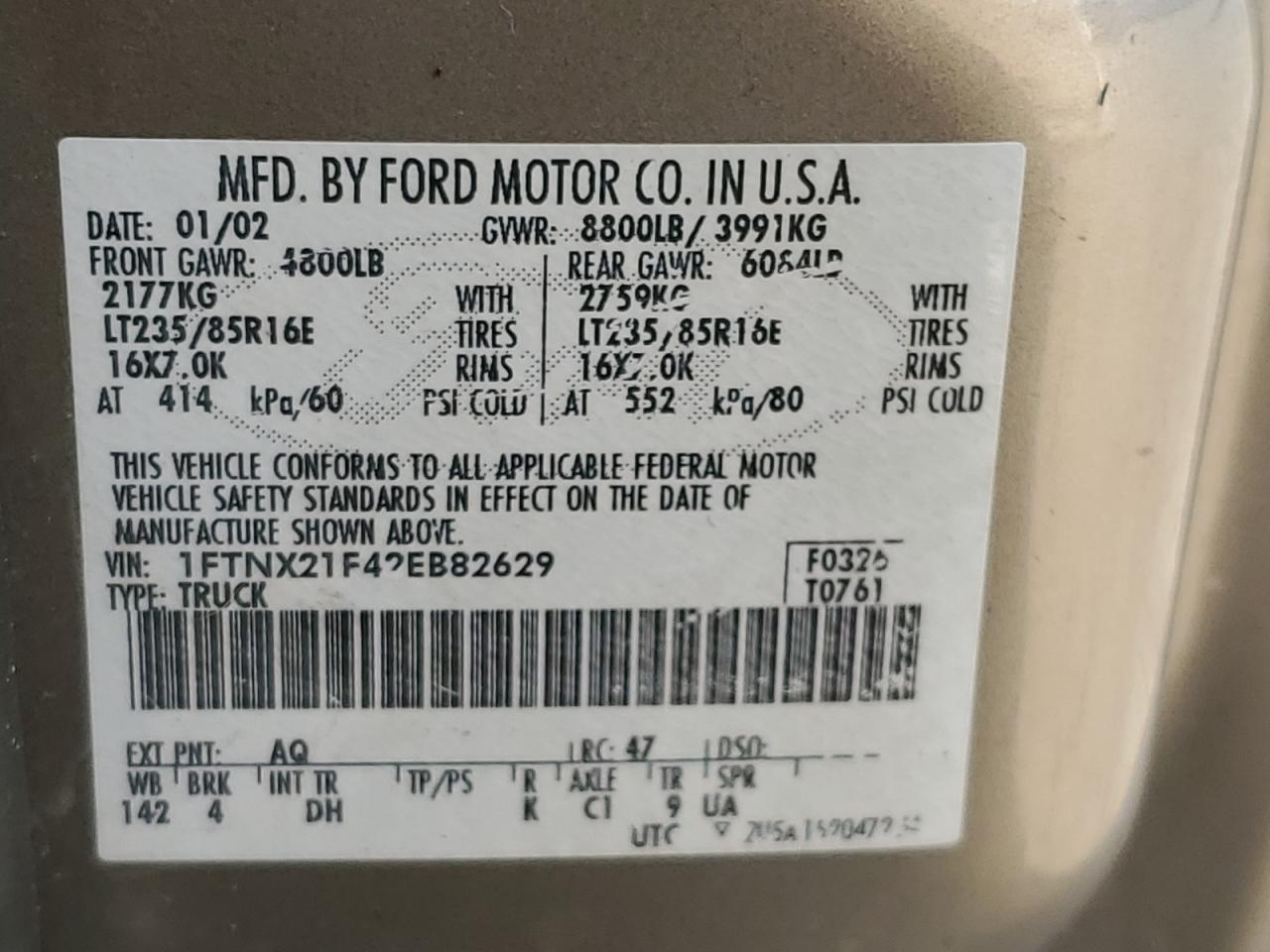 2002 Ford F250 Super Duty VIN: 1FTNX21F42EB82629 Lot: 92887035