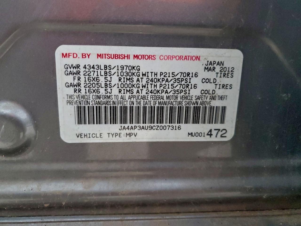 2012 Mitsubishi Outlander Sport Es VIN: JA4AP3AU9CZ007316 Lot: 93909465