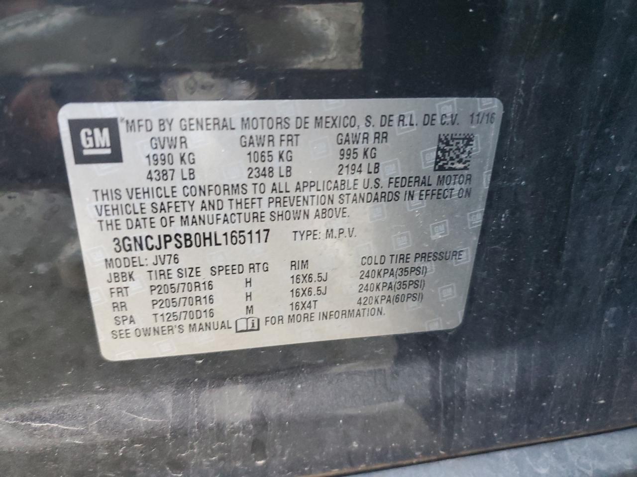 2017 Chevrolet Trax 1Lt VIN: 3GNCJPSB0HL165117 Lot: 92940305