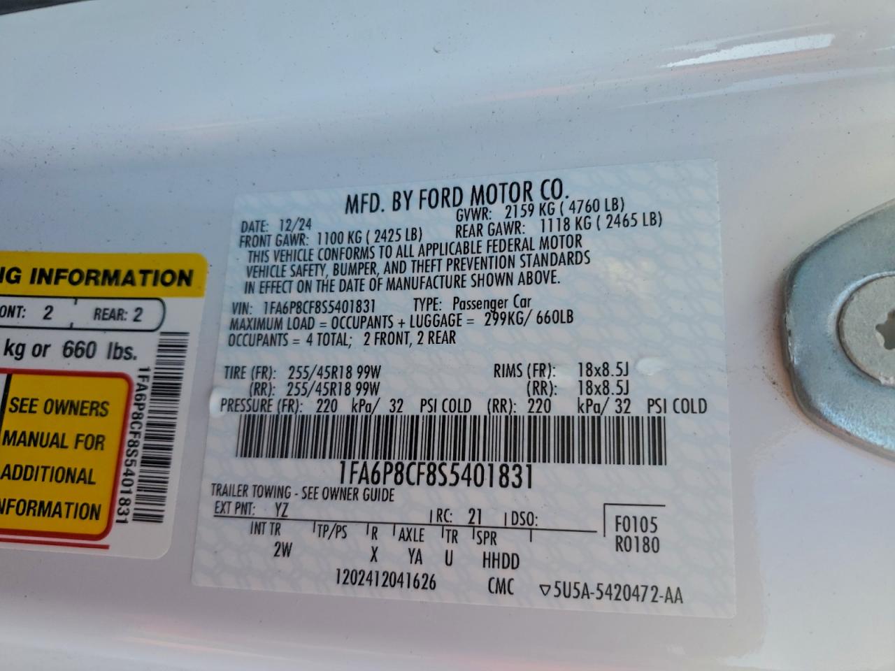 2025 Ford Mustang Gt VIN: 1FA6P8CF8S5401831 Lot: 93843285