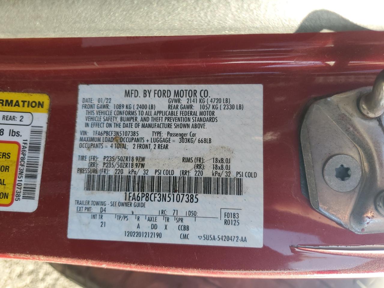 2022 Ford Mustang Gt VIN: 1FA6P8CF3N5107385 Lot: 90282365