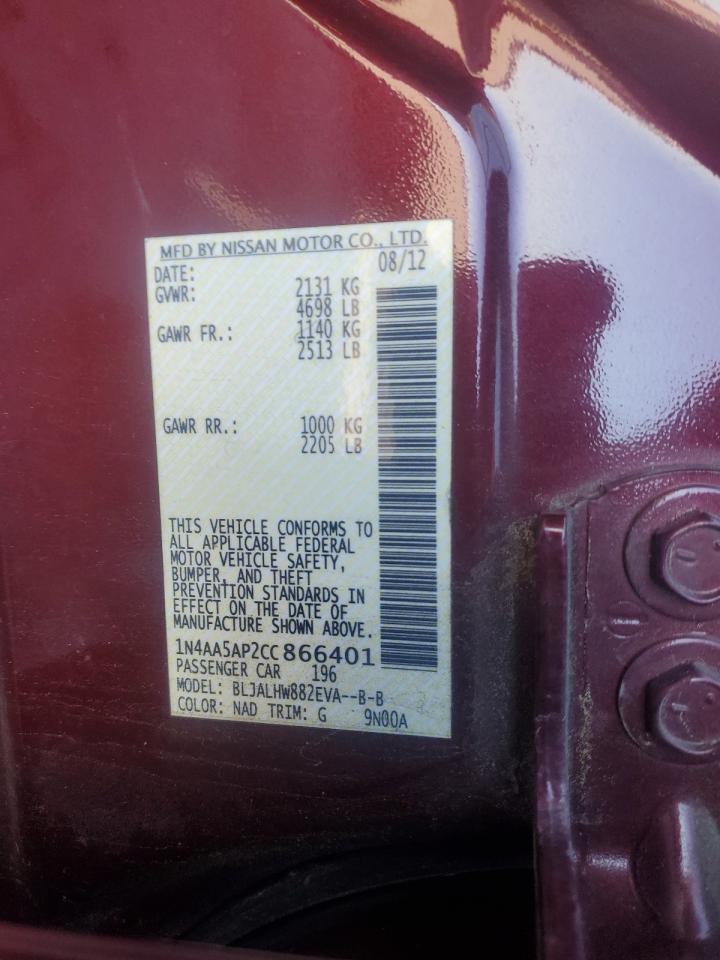 2012 Nissan Maxima S VIN: 1N4AA5AP2CC866401 Lot: 92211535