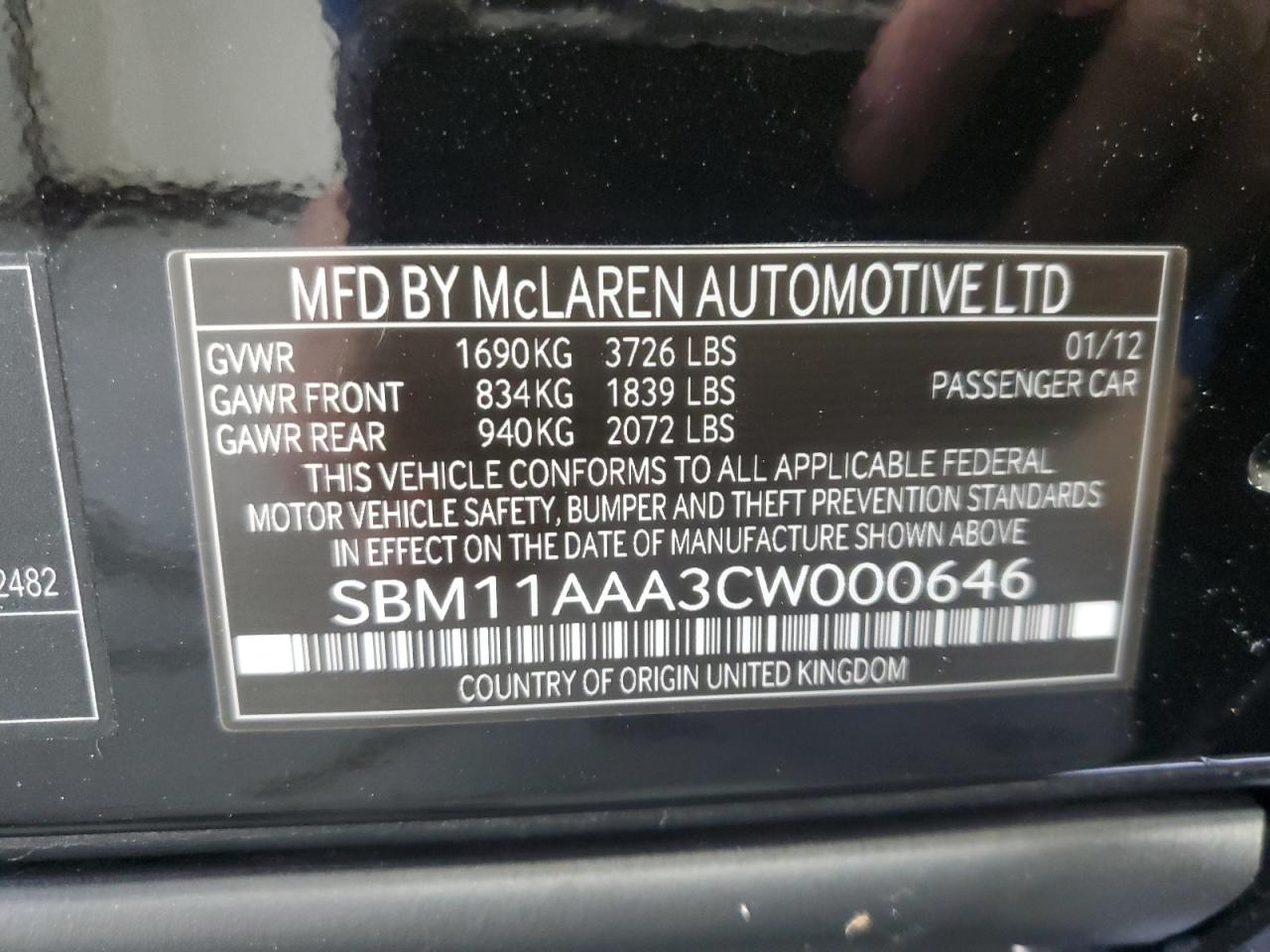 2012 Mclaren Automotive Mp4-12C VIN: SBM11AAA3CW000646 Lot: 90694335