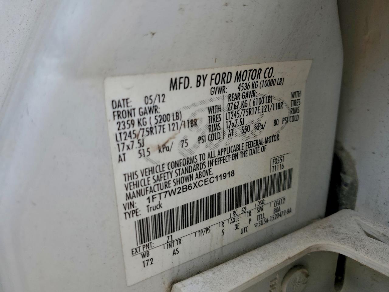 2012 Ford F250 Super Duty VIN: 1FT7W2B6XCEC11918 Lot: 93653785