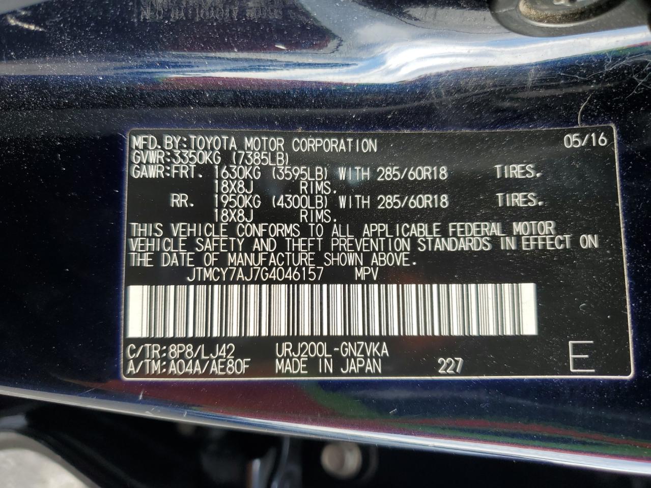 2016 Toyota Land Cruiser VIN: JTMCY7AJ7G4046157 Lot: 92499615