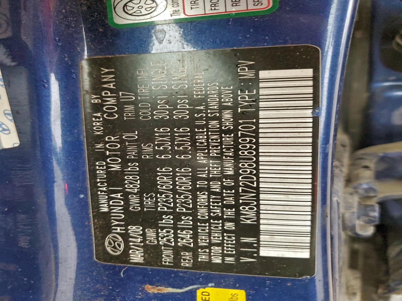 2008 Hyundai Tucson Se VIN: KM8JN72D98U899701 Lot: 94248735