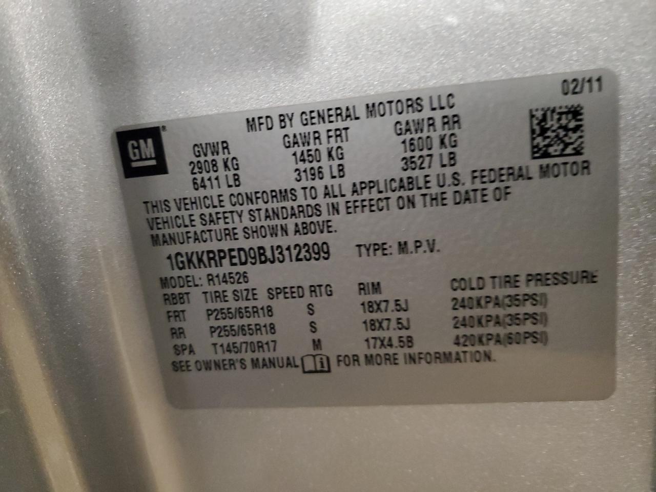 2011 GMC Acadia Sle VIN: 1GKKRPED9BJ312399 Lot: 90910585