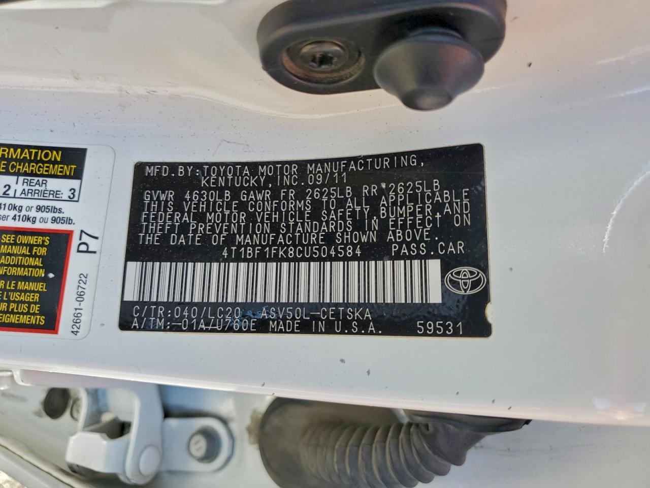 2012 Toyota Camry Base VIN: 4T1BF1FK8CU504584 Lot: 94001305