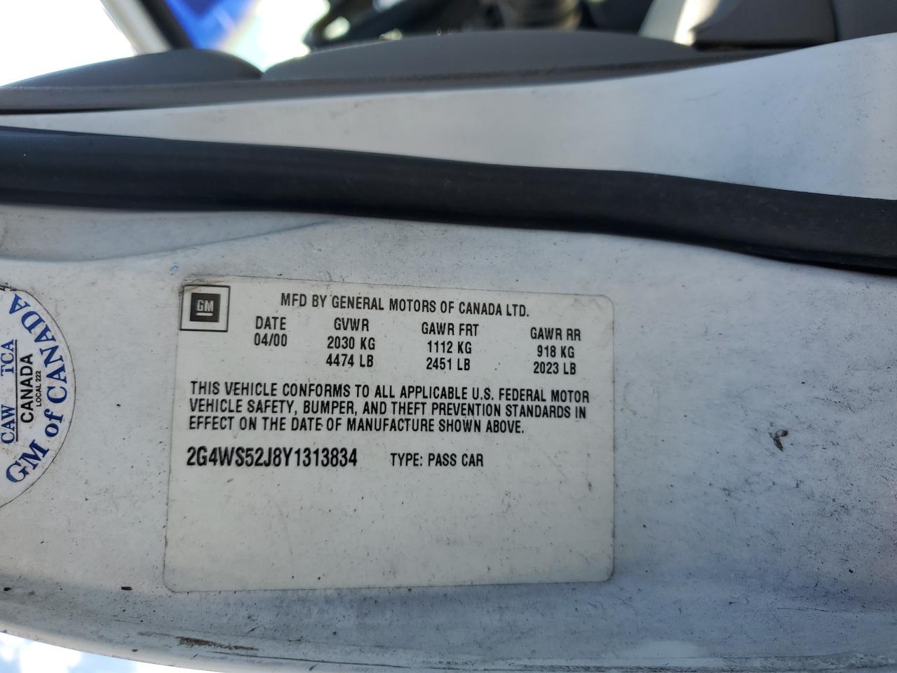 2000 Buick Century Custom VIN: 2G4WS52J8Y1313834 Lot: 91564125